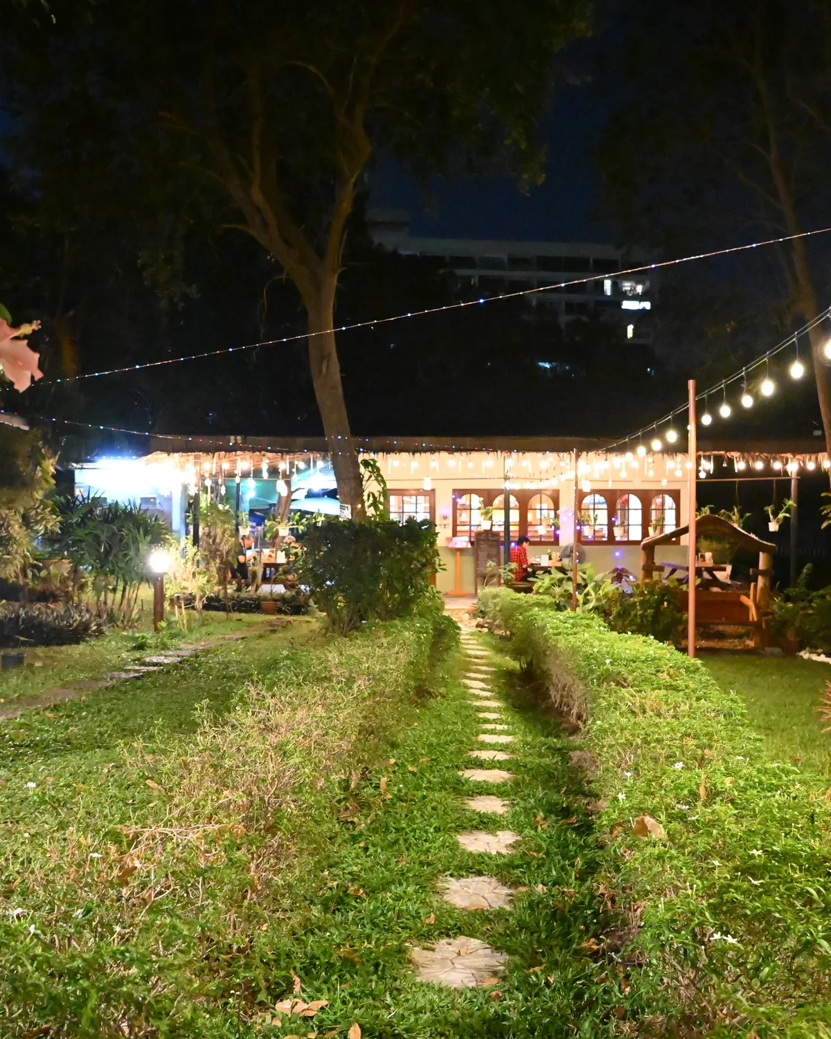 String lights glowing over a garden path on a warm evening