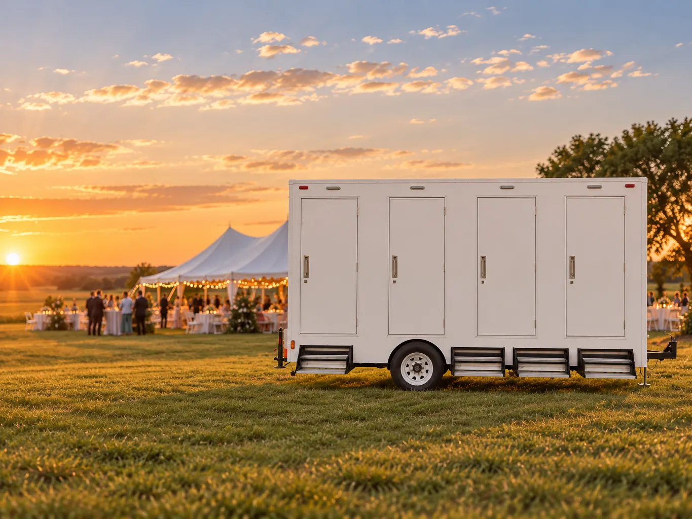 A white four-stall restroom trailer parked on mown grass at sunset, with a marquee, tables and guests in the distance