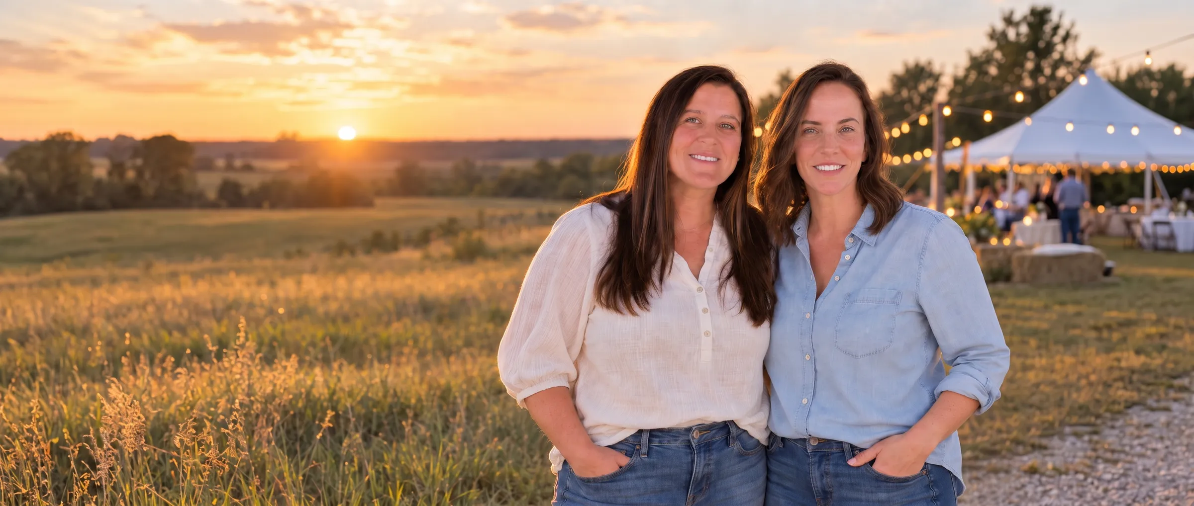 Jessica and Megan, the owners of Prairie Dog Restroom Rentals, standing together in a Kansas field at sunset, with string lights and a tent behind them