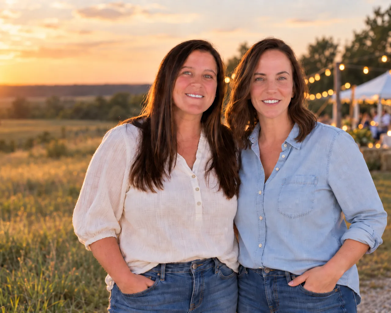 Jessica and Megan, the owners of Prairie Dog Restroom Rentals, standing together outdoors at sunset