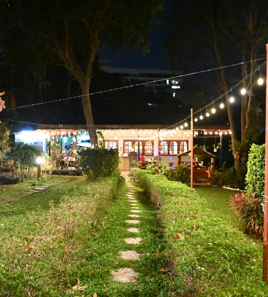String lights glowing over a garden path on a warm evening