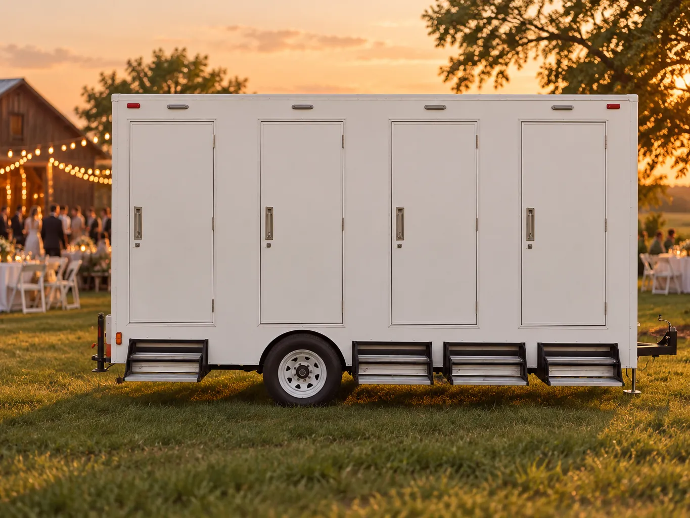 A white four-stall restroom trailer on grass beside a barn wedding reception at golden hour, with string lights and set tables