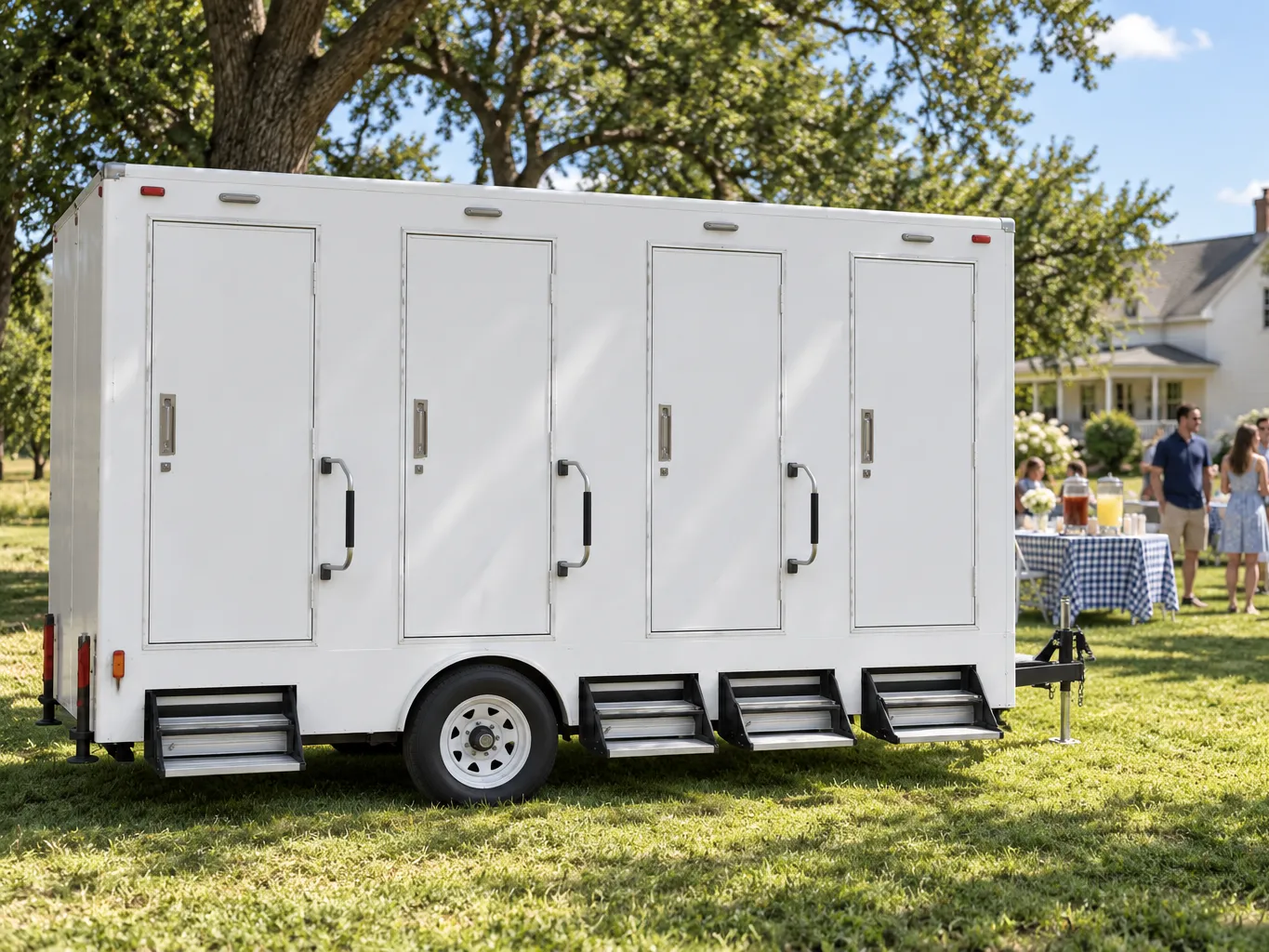 A white four-stall restroom trailer under shade trees at a backyard graduation party, with set tables and guests beyond